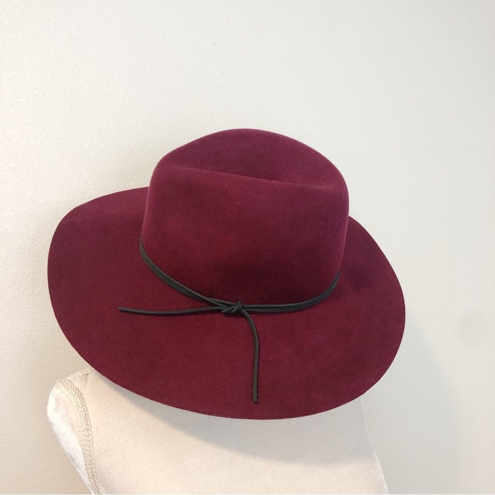 PHENIX Wine Red Wool Leather Floppy Wide Brim Hat, Boho Hippie Festival